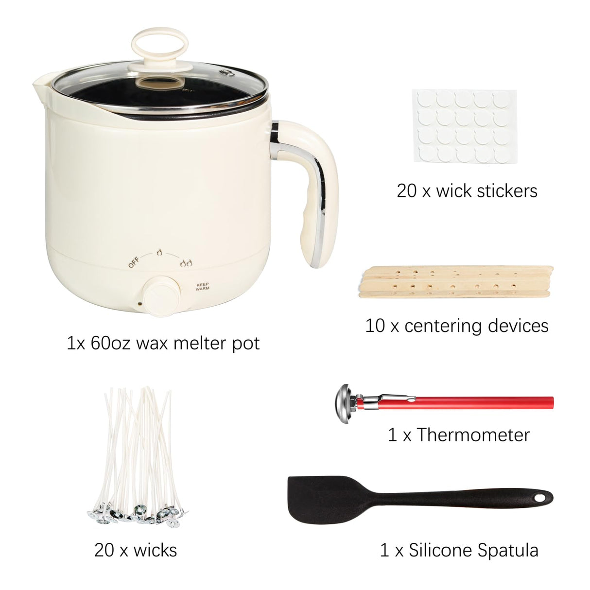 Aroparc Wax Melter for Candle Making 60oz Electric Wax Melter with Pouring Spout Candle Making Kit Included - Thermometer, Wicks, Wick Stickers, Centering Device, Stirring Spoon Aroparc