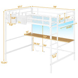 DICTAC Loft Bed Full Size with Desk and Led Lights Metal Full Loft Bed with Power Outlet Full Size Bed Frame with Top Bunk and Safety Guard & Ladder, Space-Saving,No Noise,No Box Spring Needed, White DICTAC