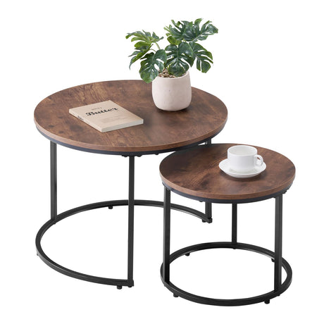 VEVOR Nesting Tables, Coffee Table Set of 2, 23.6 inch Round Coffee Table, Small Coffee Tables Night Stand with Metal Frame, for Living Room, Bedroom, Office (Brown & Black) VEVOR