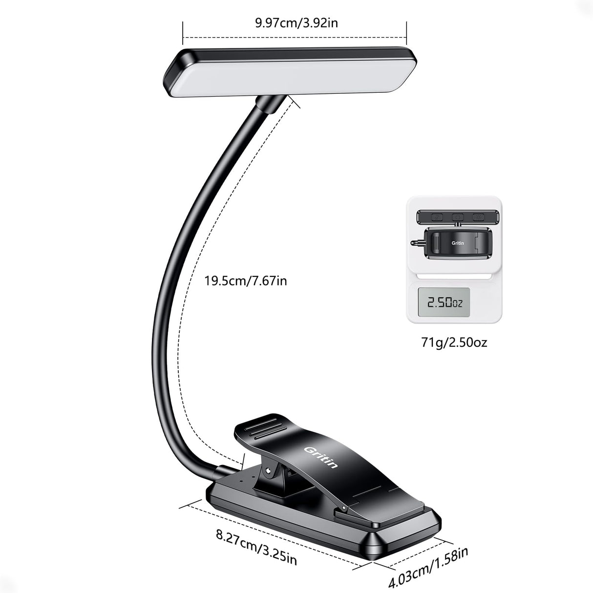 Gritin 19 LED Rechargeable Book Light for Reading in Bed with Memory Function- Eye Caring 3 Color Temperatures,Stepless Dimming Brightness,80 Hrs Runtime Lightweight Clip on Light for Book Lovers Gritin