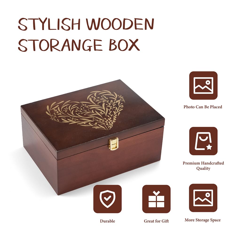 Larger Wooden Memory Keepsake Boxes With Hinged Lids and a photo frame inside the lid - Decorative Storage Box With a Hinge Lids For Picture Letter