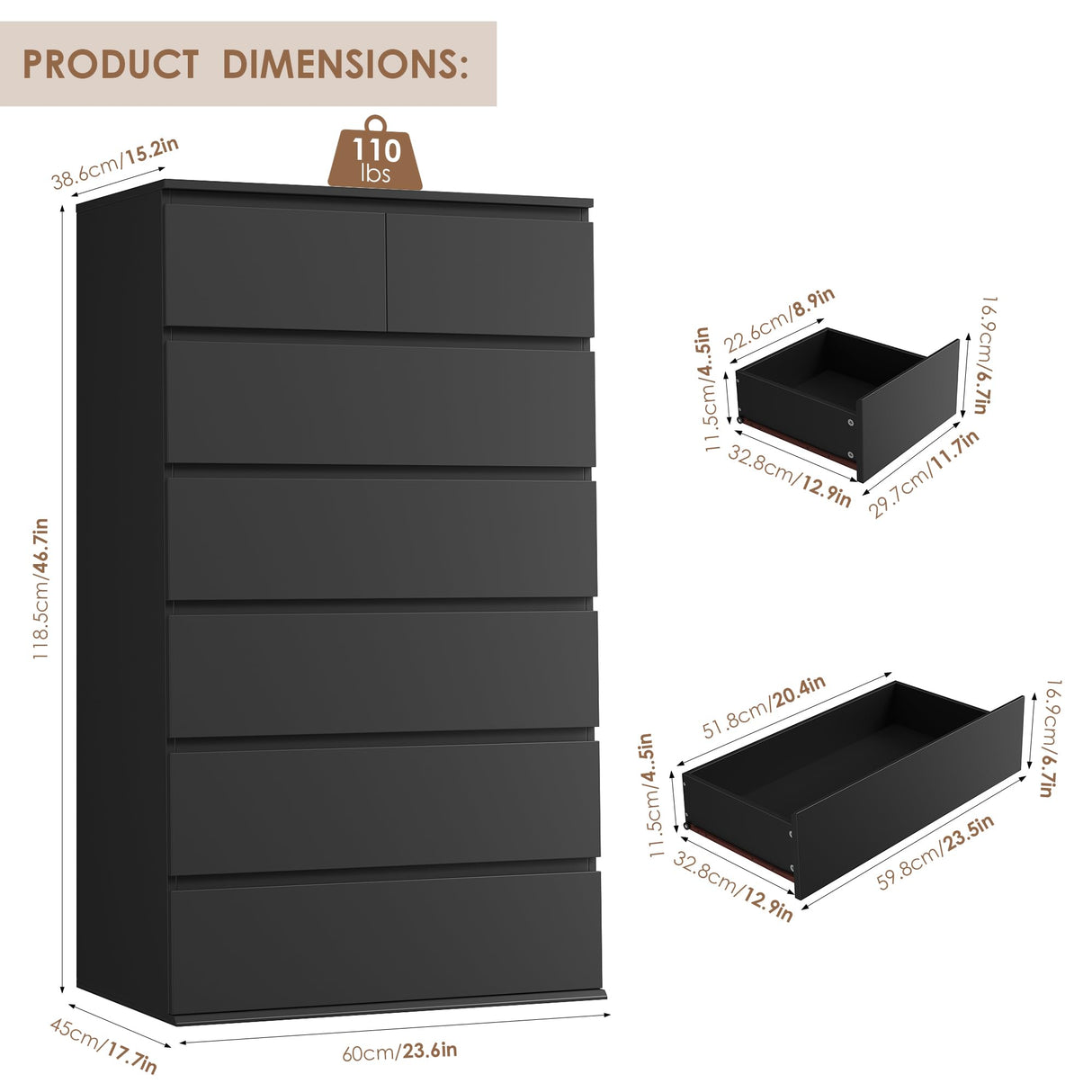 FOTOSOK 7 Drawer Dresser, Black Dresser Tall Dresser, 23.6W x 15.7D x 46.7H in Black Chest of Drawers with Large Storage Space for Home FOTOSOK