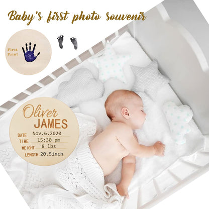 Newborn Announcement Sign Wooden for Baby Name and Birth Details for Hospital Custom Photo Baby Announcement Sign Fingerprint Footprints can be Left - WoodArtSupply