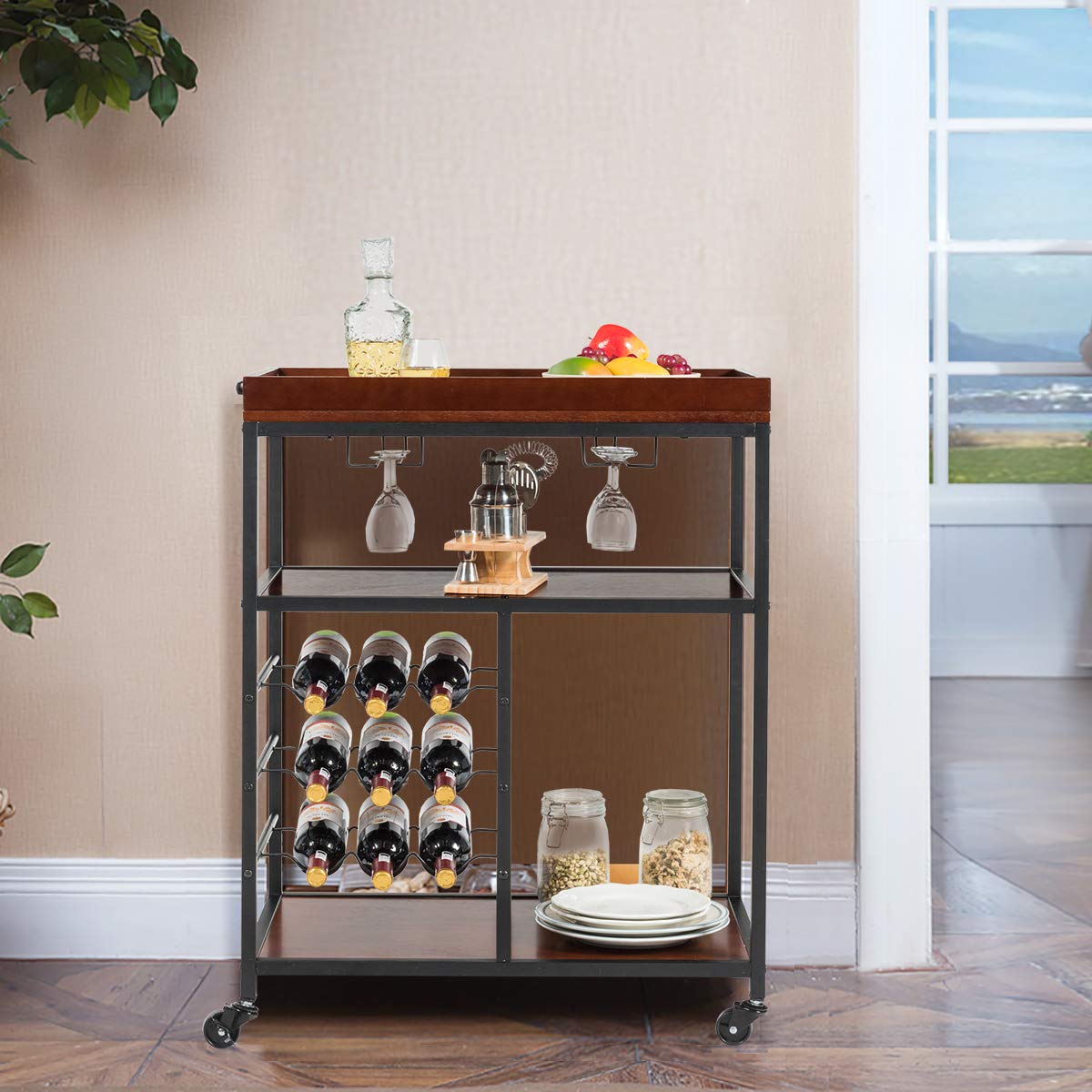 Giantex 3-Tier Kitchen Island Cart Rolling Trolley Industrial Style Serving Cart Utility Cart Wood Kitchen Stand with Glasses Holder and 9 Wine Bottles Rack Metal Frame and Castors (Rustic Brown) Giantex