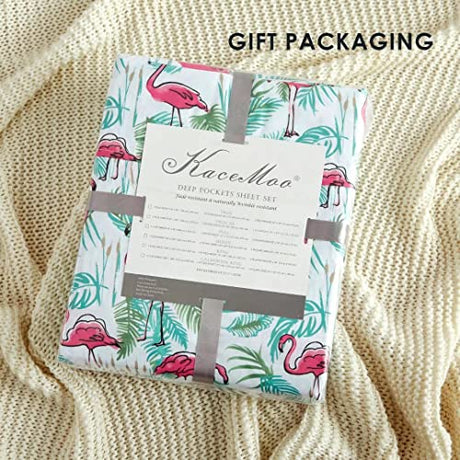Twin Bed Sheets Set 3PC - Soft Cooling 1800 Thread Count Microfiber Flamingo Plants Boho Printed Sheet, 8 - 17 Inch Deep Pocket Hypoallergenic, Wrinkle Free, Machine Washable Patterned Single Bedding KACEMOO