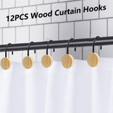 Shower Curtain Hooks, Wood Decorative Shower Curtain Rings, Modern Round Log Shower Curtain Hangers, 12PCS Shower Hooks for Shower Curtain Rod, Bedroom, Living Room (Black) JTDTH
