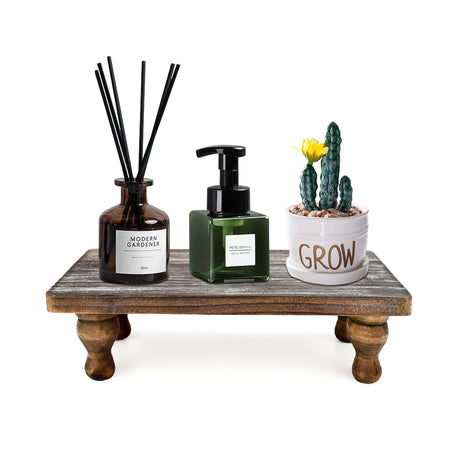 Farmhouse Wooden Riser Decorative Tray with Pedestal Stand Pump Bottle Display Tray for Kitchen Bathroom Counter Rustic Decor Brown Candles Plants Bottle Display Great for Home and Kitchen Decor. OKSQW