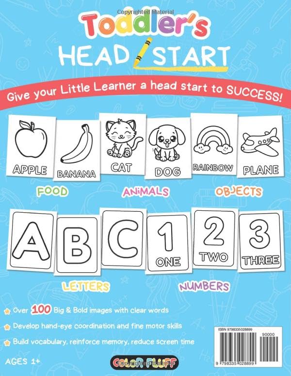 Toddler's Head Start Educational Coloring Book Ages 1-3: Over 100 Pages | Learn Colors, Words, ABCs, Numbers, Foods, Objects, Cute Animals WoodArtSupply