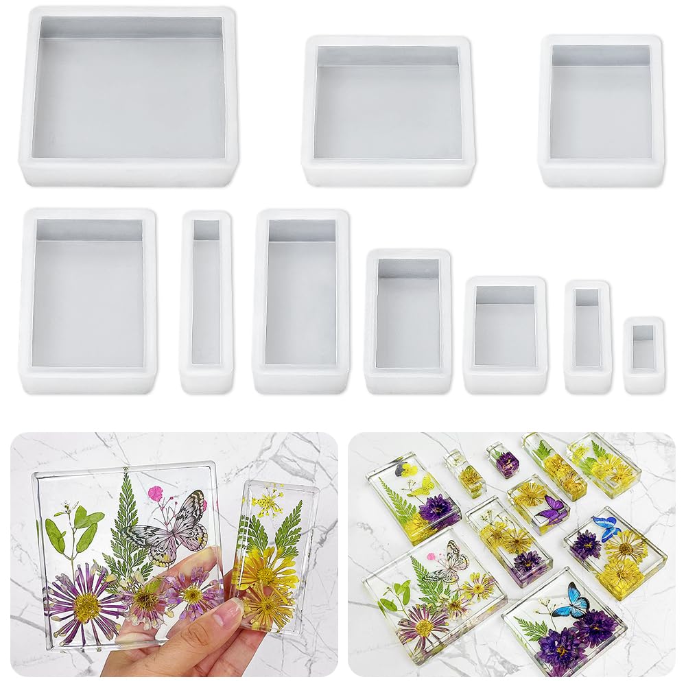RESINWORLD Upgraded 10 Sizes Epoxy Resin Molds Silicone Kit, Square Rectangle Silicone Molds for Resin, Soap, Candles, Specimen, Dried Flower ResinWorld