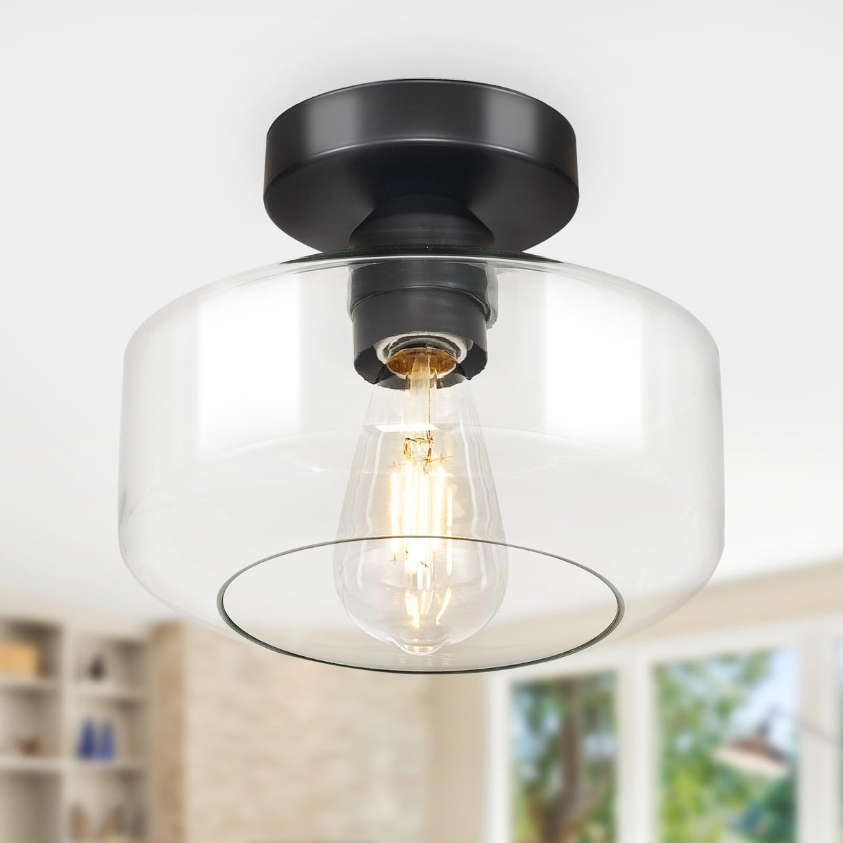 Industrial Semi Flush Mount Ceiling Light: Black Kitchen Lighting Fixtures Ceiling with Clear Glass - Vintage Hallway Light Fixtures E26 Bulb Included - 8.46” Light Fixtures Ceiling Mount for Foyer DINGLILIGHTING
