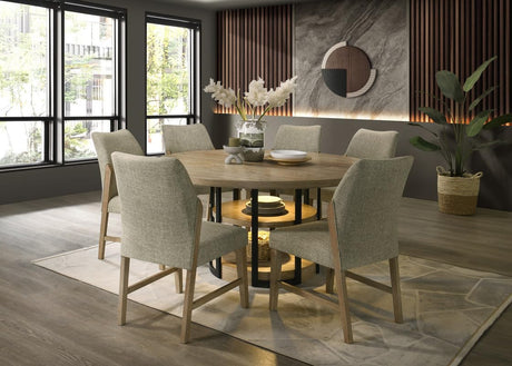 Eden 7Pc 59" Round Rustic Oak Dining Set with LED Light, Black Metal Table Frame, Shelves, Beige Linen Chairs LILOLA LIVING