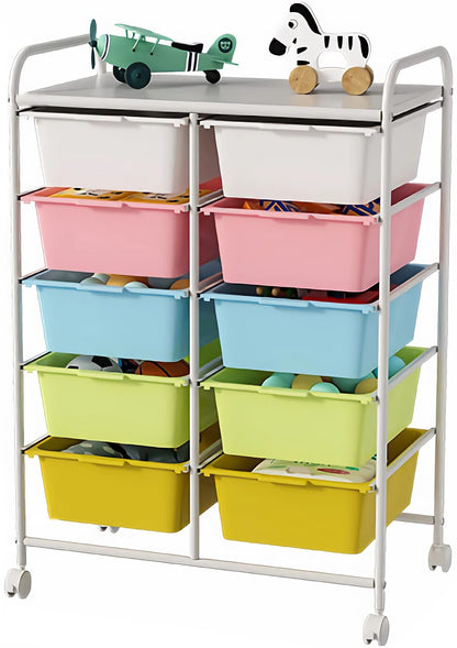 Ytaoka 10 Drawers Rolling Storage Cart, Plastic Drawer Cart with Metal Frame, Multipurpose Art Craft Cart Organizer with Wheels, Utility Cart with Drawers for Home, Office, School, Multicolor - WoodArtSupply