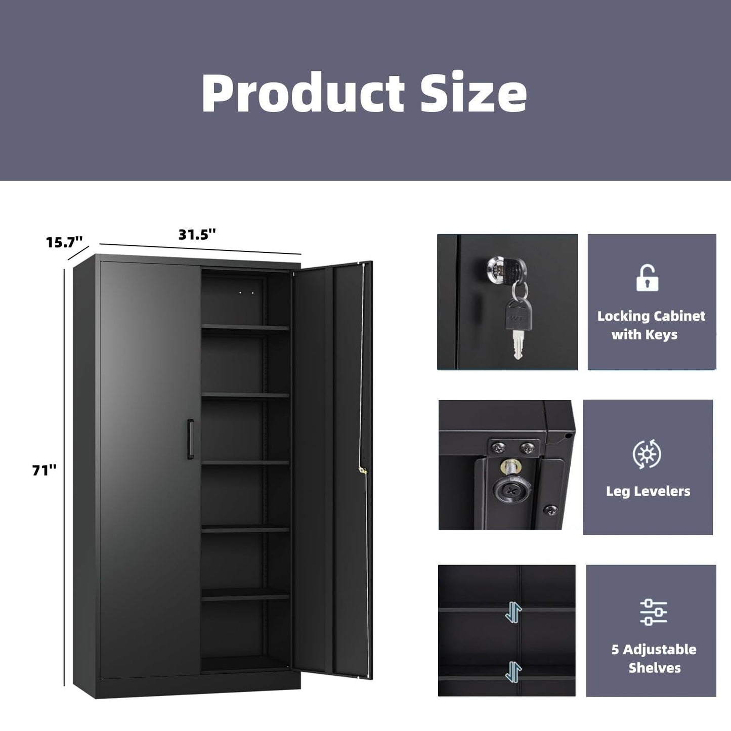 Approgreent Steel Storage Cabinet with 5 Adjustable Shelves, Garage Shelving Cabinet with 2 Lockable Doors, Tool Cabinet for Garage Storage, Pantry Cabinet - 71'H, Black