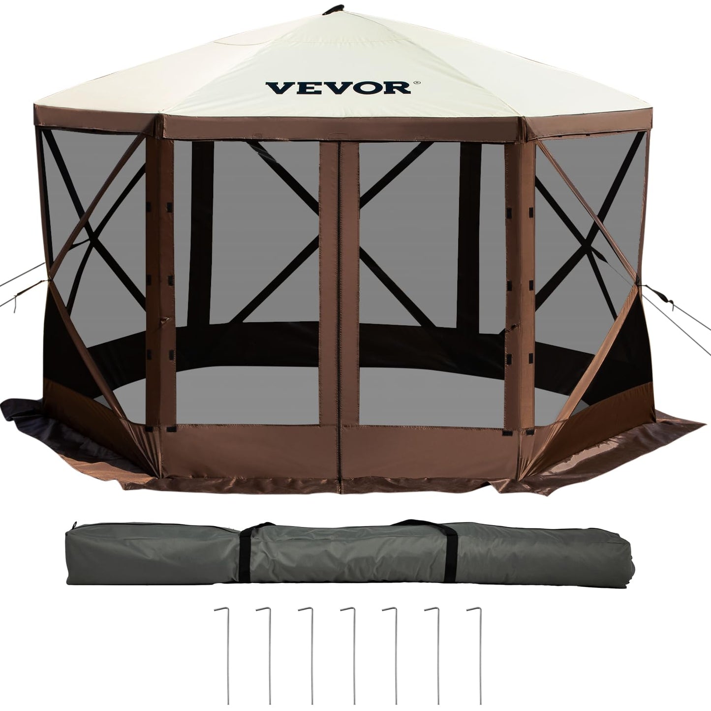 VEVOR Gazebo Screen Tent, 10 x 10 ft, 6 Sided Pop-up Camping Canopy Shelter Tent with Mesh Windows, Portable Carry Bag, Ground Stakes, Large Shade Tents for Outdoor Camping, Lawn and Backyard