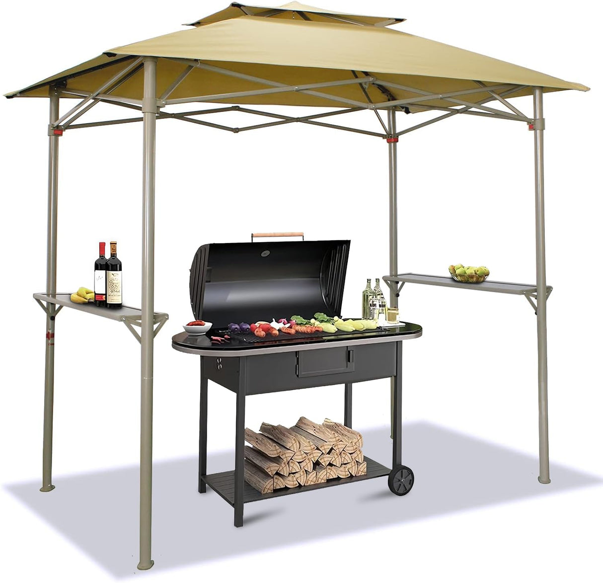 Crown Shades 8x5 Grill Gazebo - Pop Up Canopy for BBQ and Backyard Patio - Easy Outdoor Barbecue Shade Cover with Double Tier Vented Top & 2 Side Shelves (Beige) CROWN SHADES