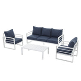 Patiorama Aluminum Patio Furniture Set, 4 PCS Modern Patio Conversation Set, All Weather White Outdoor Sectional Sofa Set w/Table, 3-Seater Sofa, Superior Olefin Cushion, Garden-Blue Cushion Patiorama