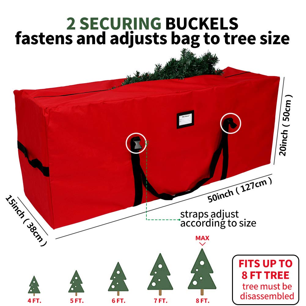 OurWarm Christmas Tree Storage Bag Extra Large Heavy Duty Storage Containers for 8 Ft Artificial Tree 600D Oxford Xmas Holiday Tree Storage Bags with Reinforced Handles Zipper, Red 50" x 15" x 20"