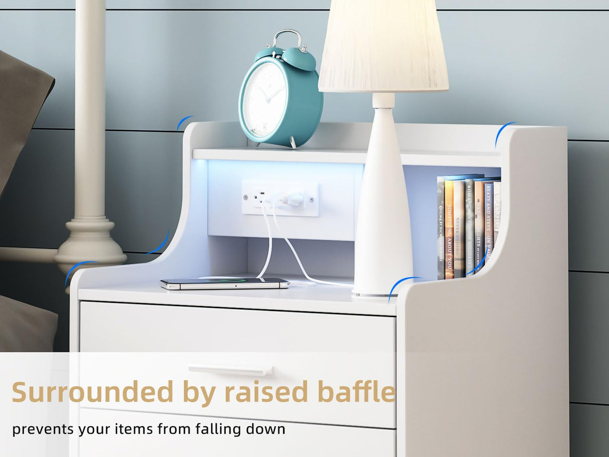 Vabches Nightstand with Charging Station, LED Nightstand with 3 Drawers, Smart Night Stand Bed Side Table, Wood Nightstand for Bedroom Living Room Vabches