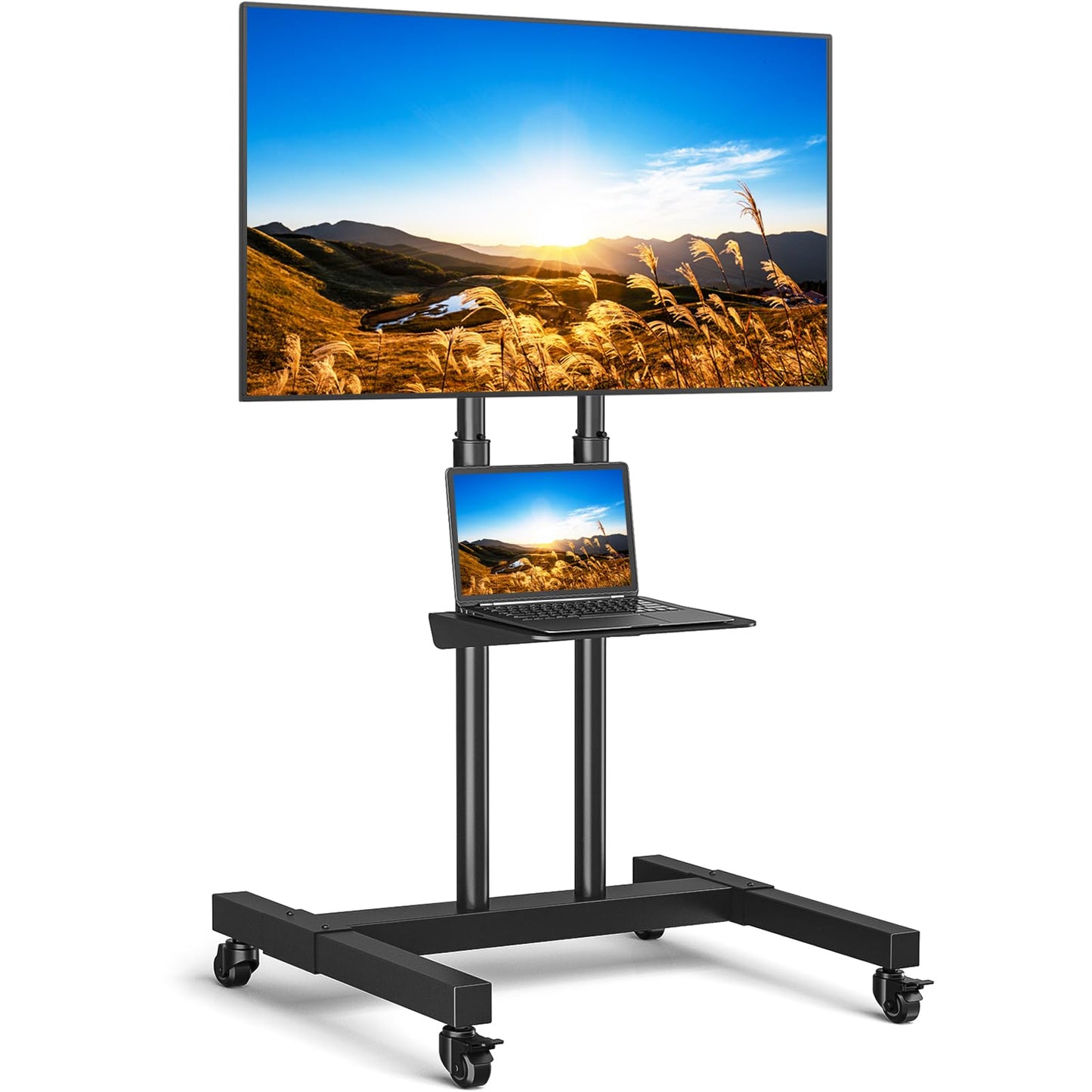 Mobile TV Cart for 32-83 Inch Screens up to 110 lbs, Height Adjustable Rolling TV Stand with Locking Wheels and Metal Shelf, Portable Outdoor Floor TV Stand Movable Monitor Holder for Home Office