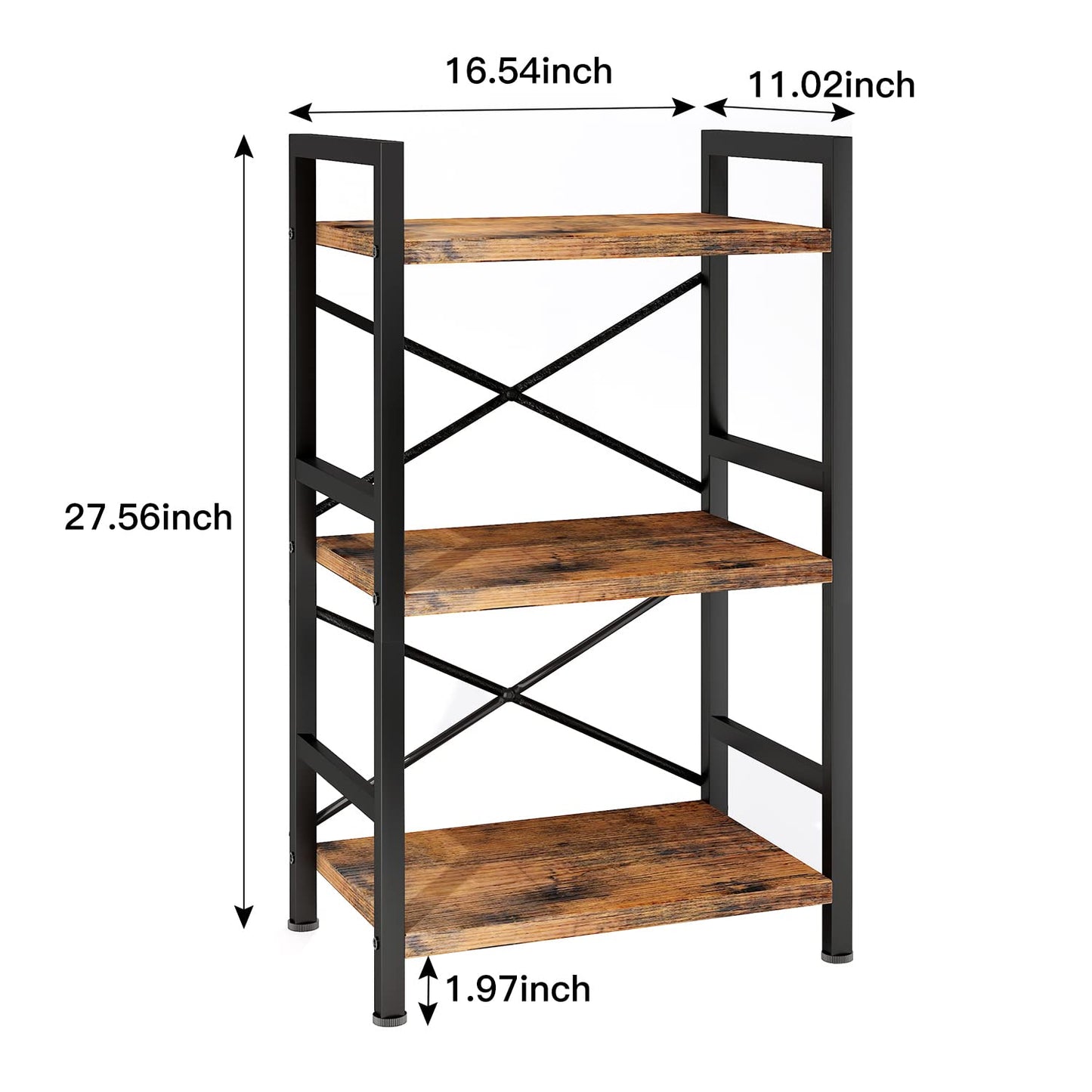 Homeiju Bookshelf, 3 Tier Industrial Bookcase, Metal Small Bookcase, Rustic Etagere Book Shelf Storage Organizer for Living Room, Bedroom, and Home Office(Rustic Brown) Patent Pending D29873033