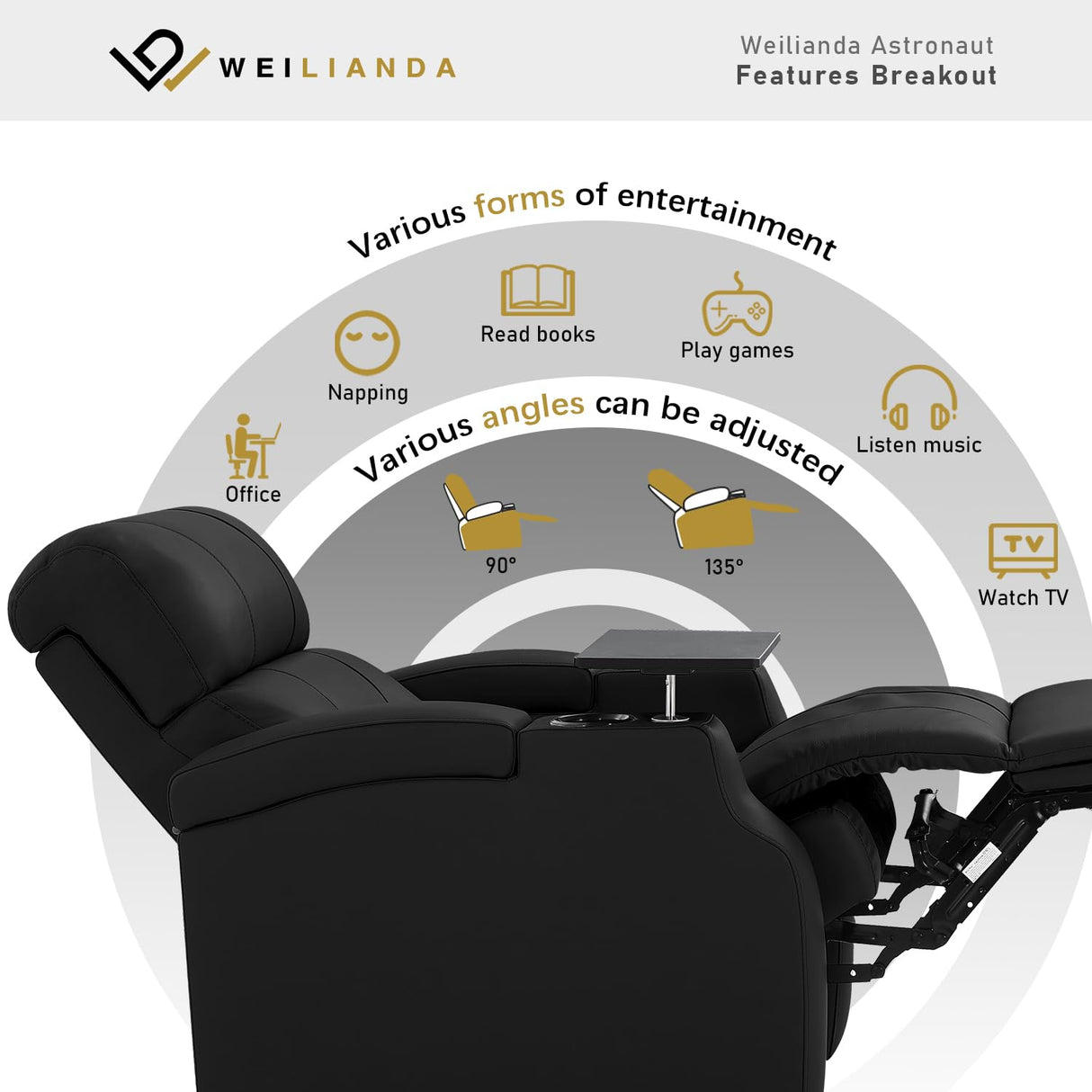 Weilianda Home Theater Seating, Top Grain Leather Sectional Seats Recliner Chair, Zero Gravity Reclining Sofa with Power Headrest 7 Colors Ambient Lighting USB C Charge Row of 3 Black Weilianda