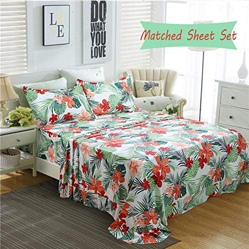 FADFAY Tropical Red Hibiscus Palm Leaves Duvet Cover Set Super Soft Summer Bedding 100% Cotton Soft with Hidden Zipper Closure Queen Size 3-Pieces FADFAY