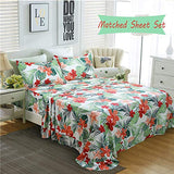 FADFAY Tropical Red Hibiscus Palm Leaves Duvet Cover Set Super Soft Summer Bedding 100% Cotton Soft with Hidden Zipper Closure Queen Size 3-Pieces FADFAY