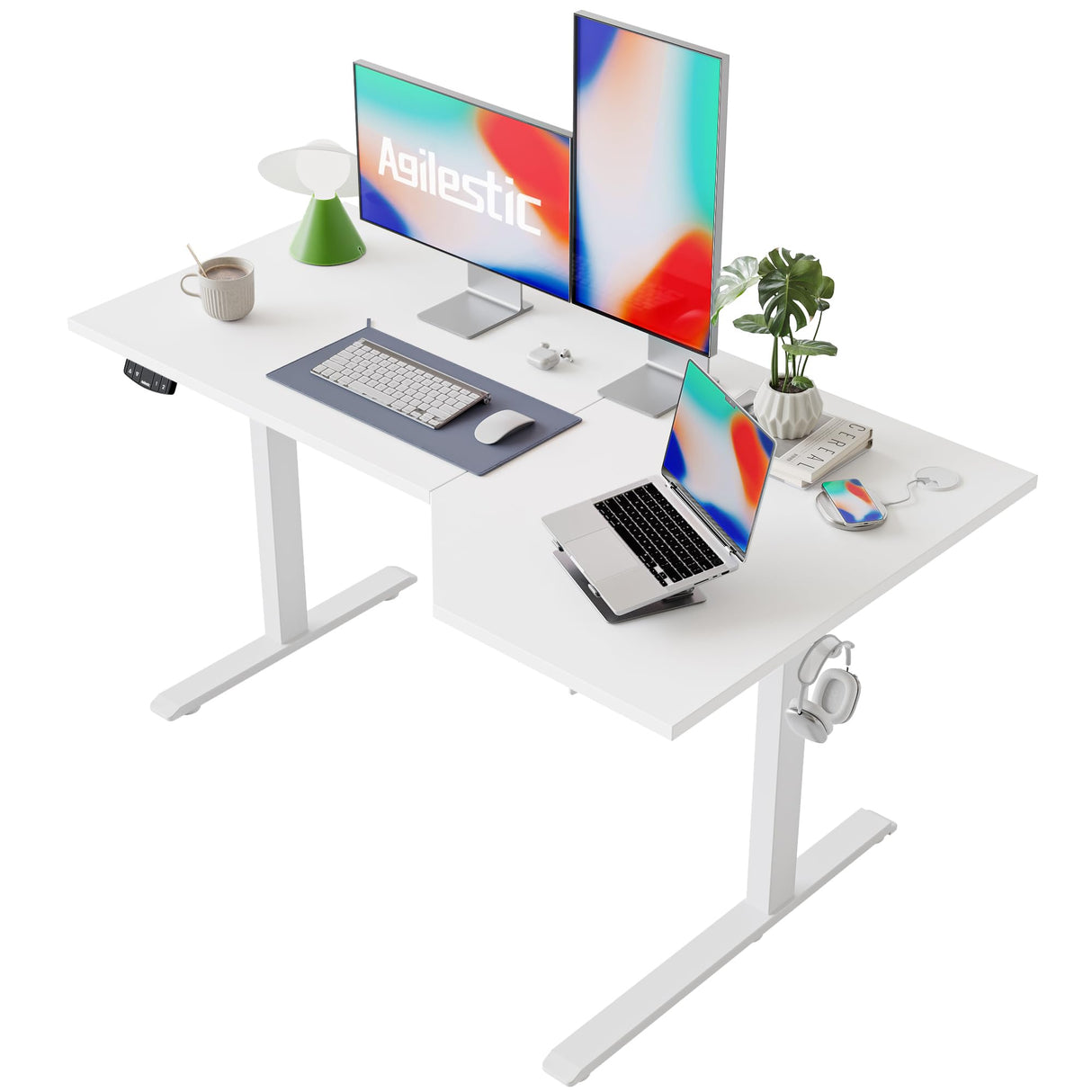 Agilestic L-Shaped Standing Desk, 55 Inch Height Adjustable, Sit & Stand for Home Office, Ergonomic Computer Table with Splice Board, White Agilestic