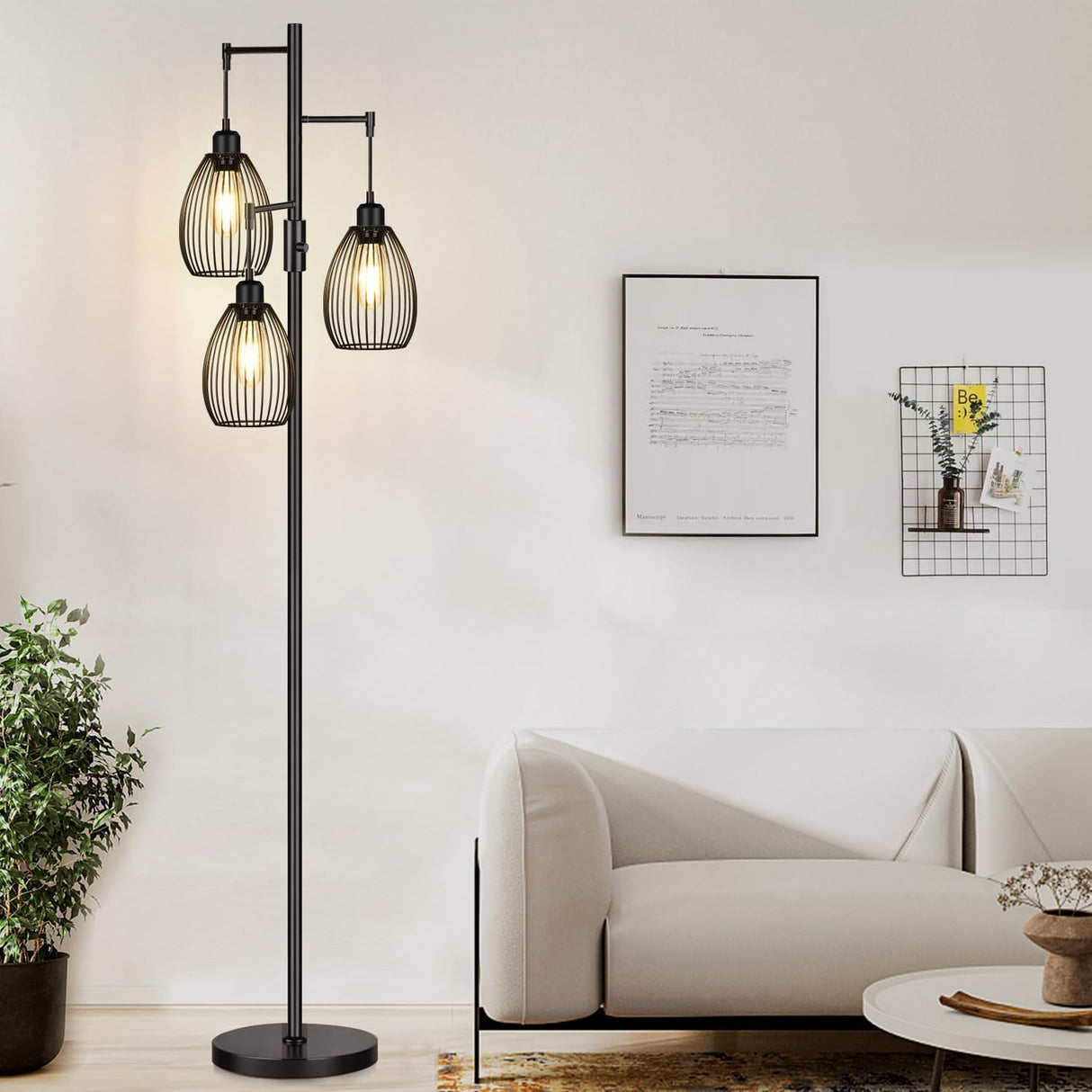 Dimmable Floor Lamp, 3 x 800LM LED Edison Bulbs Included, Farmhouse Industrial Floor Lamp Standing Tree Lamp with Elegant Teardrop Cage Tall Lamps for Living Room Bedroom Office Dining Room-Black Nintiue
