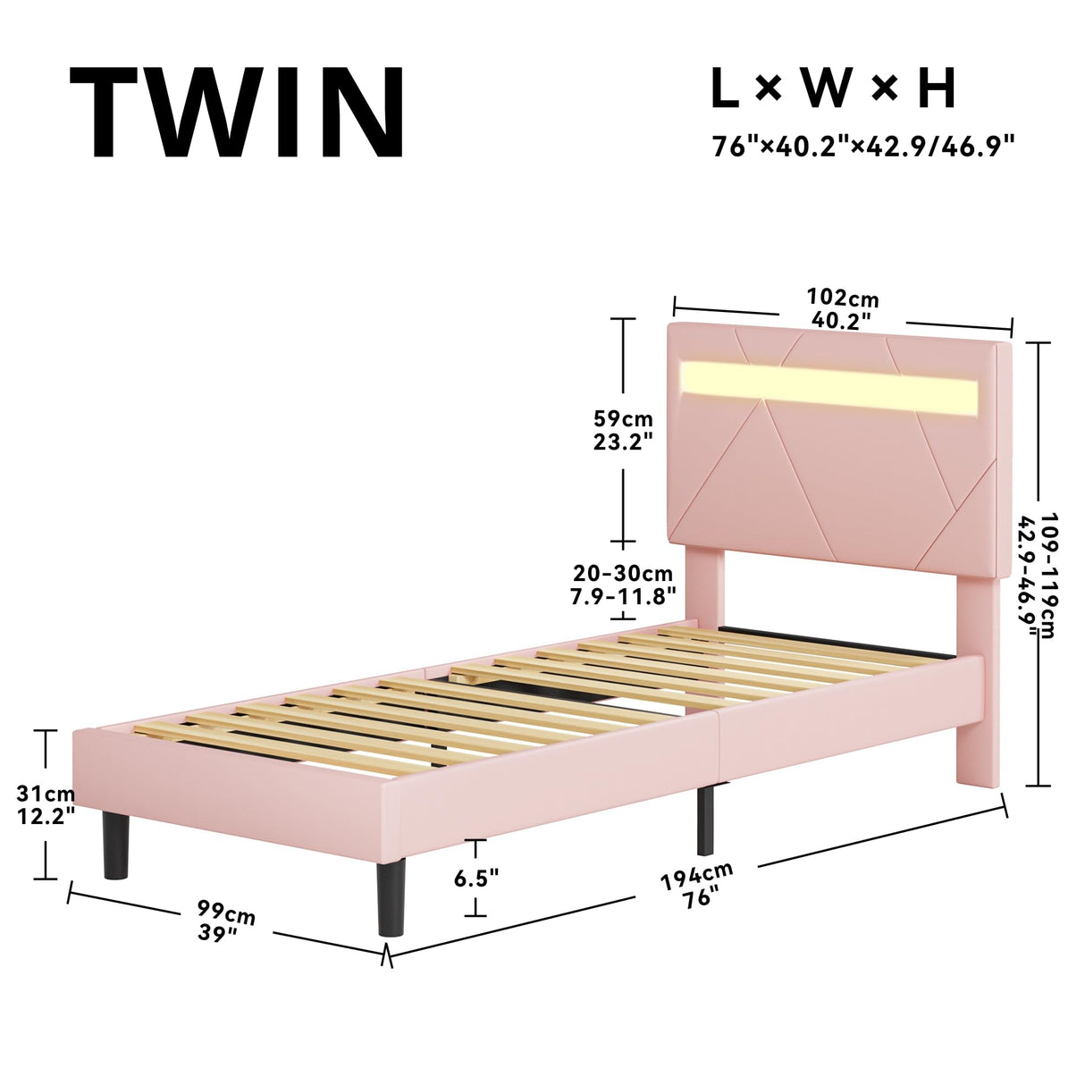 LIKIMIO Twin Bed Frame with LED Lights(Smart APP Control), Upholstered Modern Platform Bed Frame, No Box Spring Needed/Noise-Free/Easy Assembly, Pink LIKIMIO