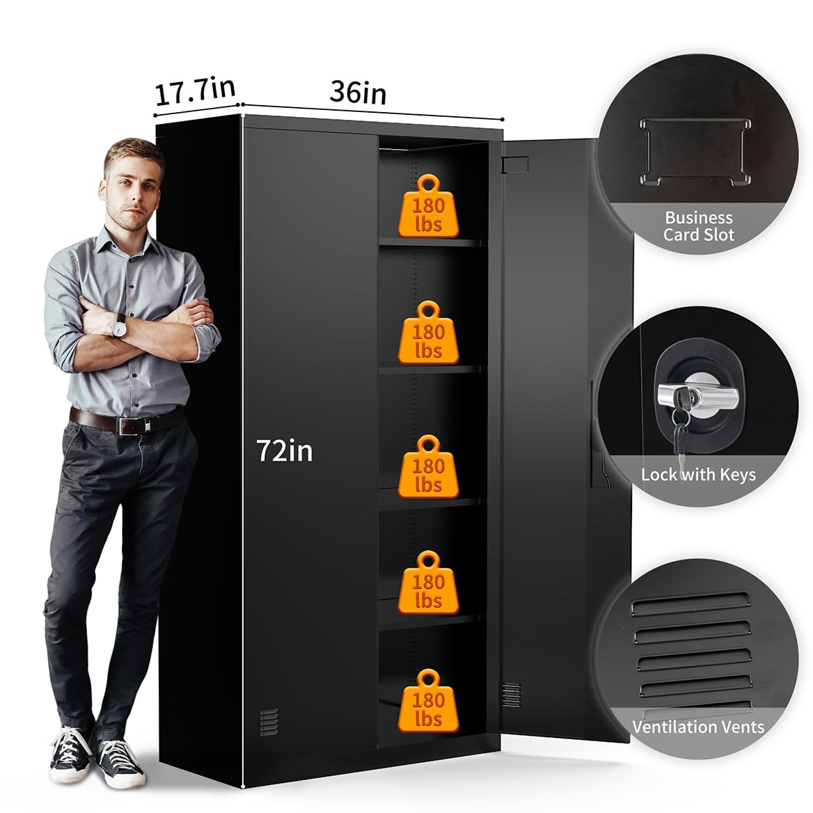 EazeHome Metal Garage Storage Cabinet, 72" Tall Steel File Cabinet with 2 Lockable Doors and Adjustable Shelves, Heavy Duty Tool Cabinet for Garages, Offices, Kitchens, Gyms, Black EazeHome