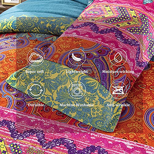 WONGS BEDDING Bohemian Comforter Set Queen, Ultra Soft Microfiber Reversible Boho Alternative Comforter Set - 3 Pieces (1 Solid Comforter + 2 Pillowcases), Bedding Duvet Set for Queen Bed WONGS BEDDING