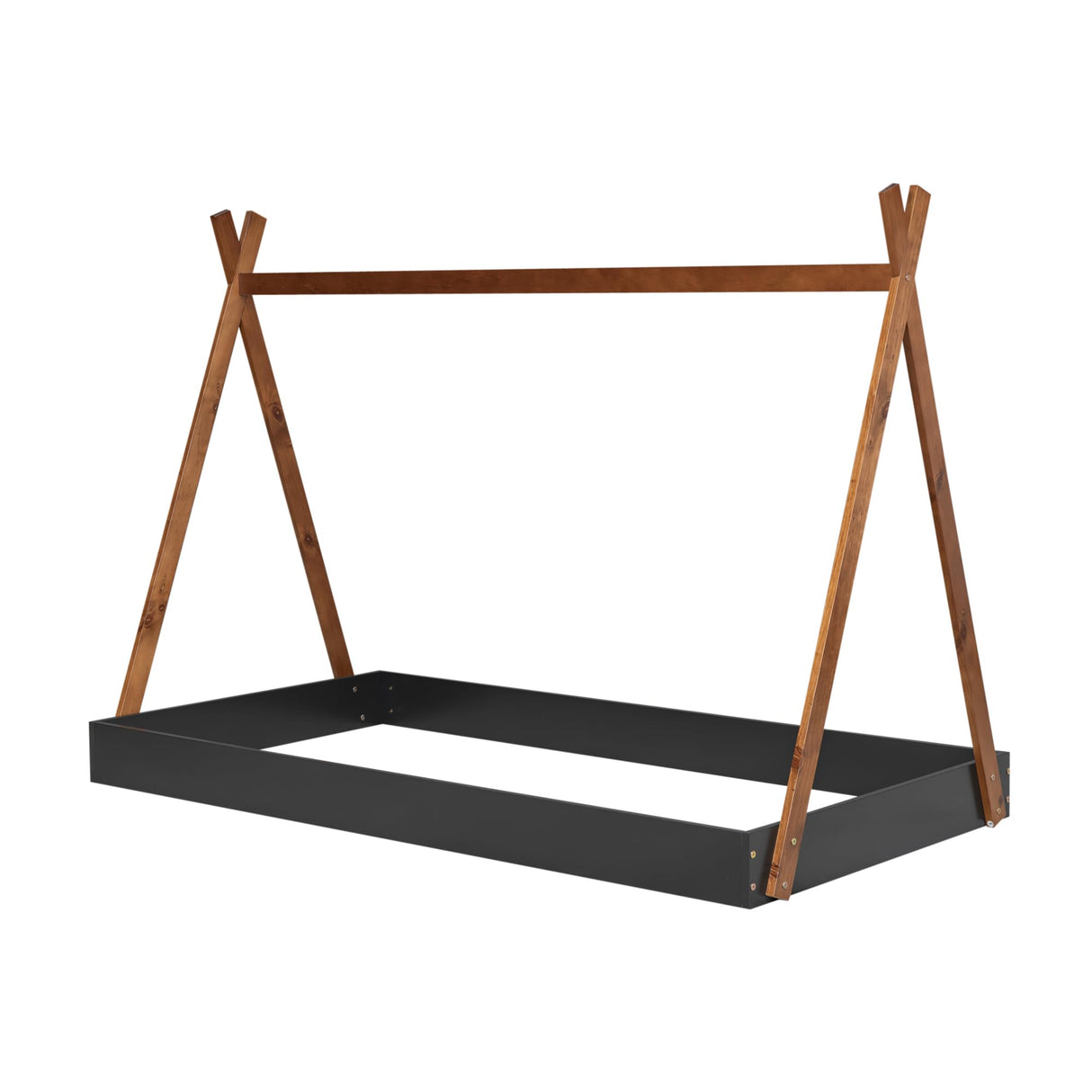 Wood Teepee Bed Twin Size Floor Beds for Kids, Montessori Style House Tent Bed Frame for Boys Girls Teens, No Spring Box Needed, Black with Brown Bellemave