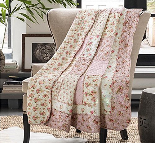 100% Cotton Quilt Blanket for Twin/Full Size Bed, Cute Bed Coverlet, Patchwork Reversible Bedspread Quilted Throw Blanket, Kid Girls Room Decor Pink Floral Comforbed