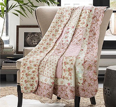 100% Cotton Quilt Blanket for Twin/Full Size Bed, Cute Bed Coverlet, Patchwork Reversible Bedspread Quilted Throw Blanket, Kid Girls Room Decor Pink Floral Comforbed