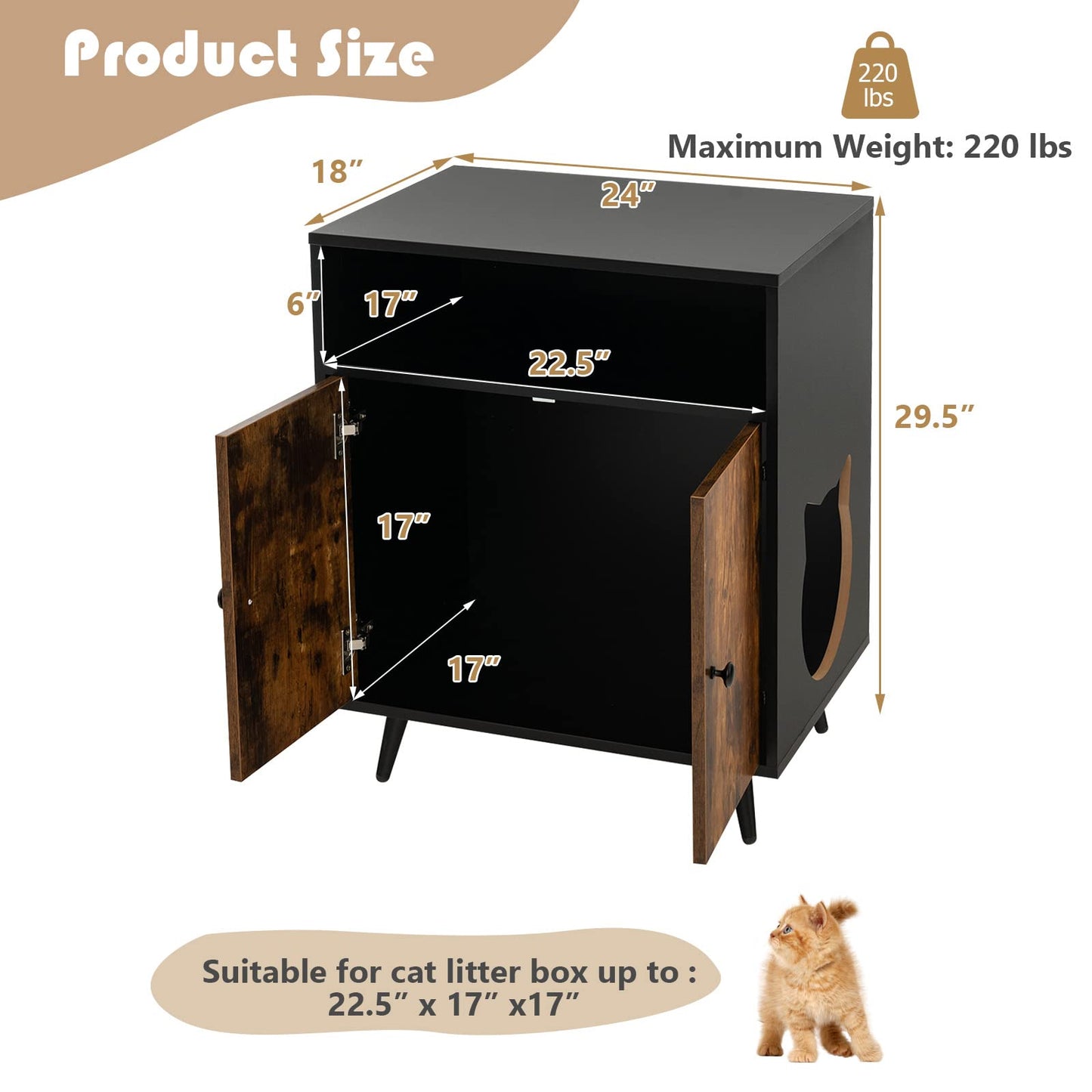 PETSITE Cat Litter Box Enclosure, Wooden Enclosed Litter Box with Shelves, Hidden Litter Box Furniture End Table - WoodArtSupply