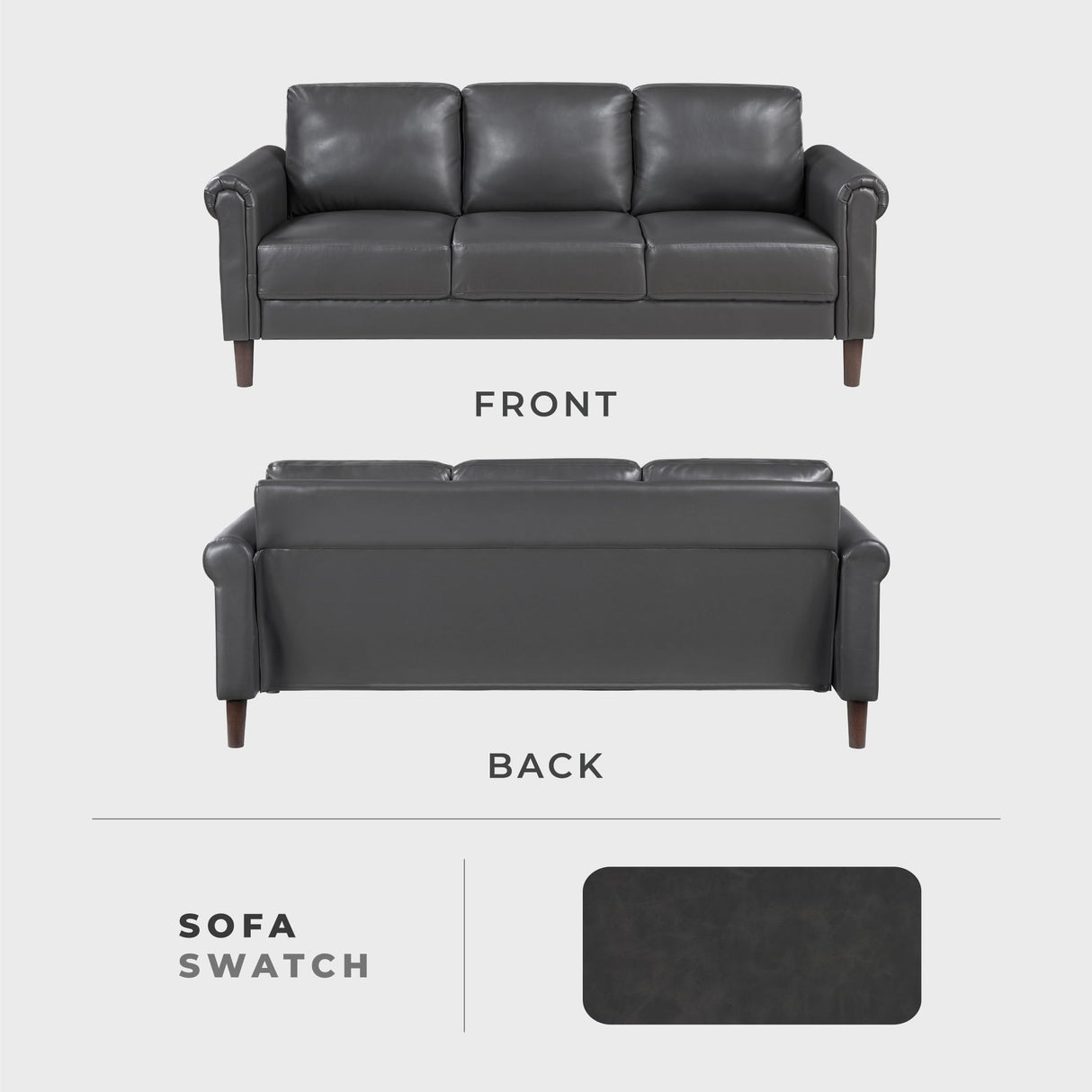 Lexicon 79" W Sofa Couch, Faux Leather Upholstered Couch, Sofa with Rolled Armrest for Bedroom/Office/Waiting Room, 3 Seater, Dark Gray Lexicon