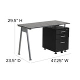 EMMA + OLIVER Black Glass Computer Desk with Three Drawer Pedestal EMMA + OLIVER