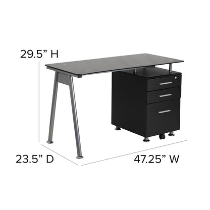 EMMA + OLIVER Black Glass Computer Desk with Three Drawer Pedestal - WoodArtSupply