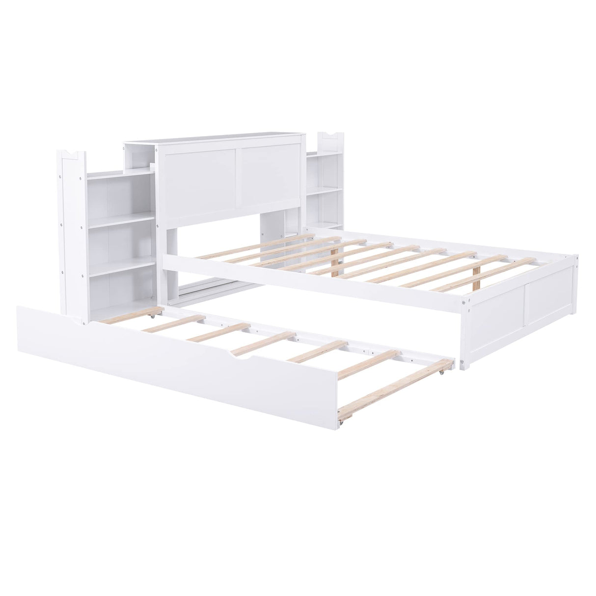 Full Size Storage Bed with Trundle, Wood Platform Bed Frame with Storage Shelves Headboard and Twin Size Trundle Bed, Wooden Full Beds for Kids Boys Girls Teens, White Bellemave
