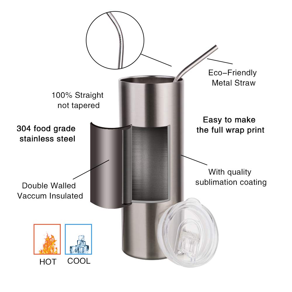 PYD Life Sublimation Blanks Skinny Tumbler Cups Silver 20 OZ Stainless Steel Straight Tumbler with Metal Straw for Tumbler Heat Press Sublimation Oven Printing 4 Pack PYD Life