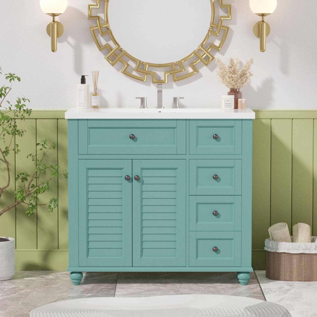 Merax 36" Bathroom Vanity Cabinet, Single Bathroom Storage Vanity with Louvered Doors and Drawers, Solid Wood Frame Bathroom Vanities Without Sink (Teal Without Sink) Merax