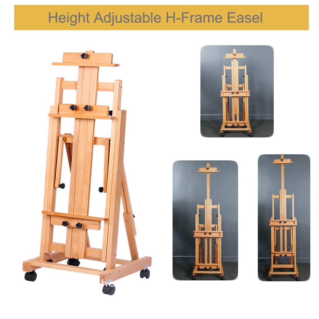 foriy H Frame Easel Multi-Function Studio Easel Solid Beech Wood Easel Adjustable Painting Canvas Holder Stand Tilts Flat Artist Easel with Locking Caster Wheels foriy