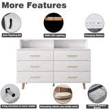 UNIQUITE 6 Drawers Dresser with LED Light and Power Outlet, Wood White Dressers for Bedroom & Chests of Drawers, Large Double Dressers for Bedroom, Living Room, Entryway, Hallway UNIQUITE