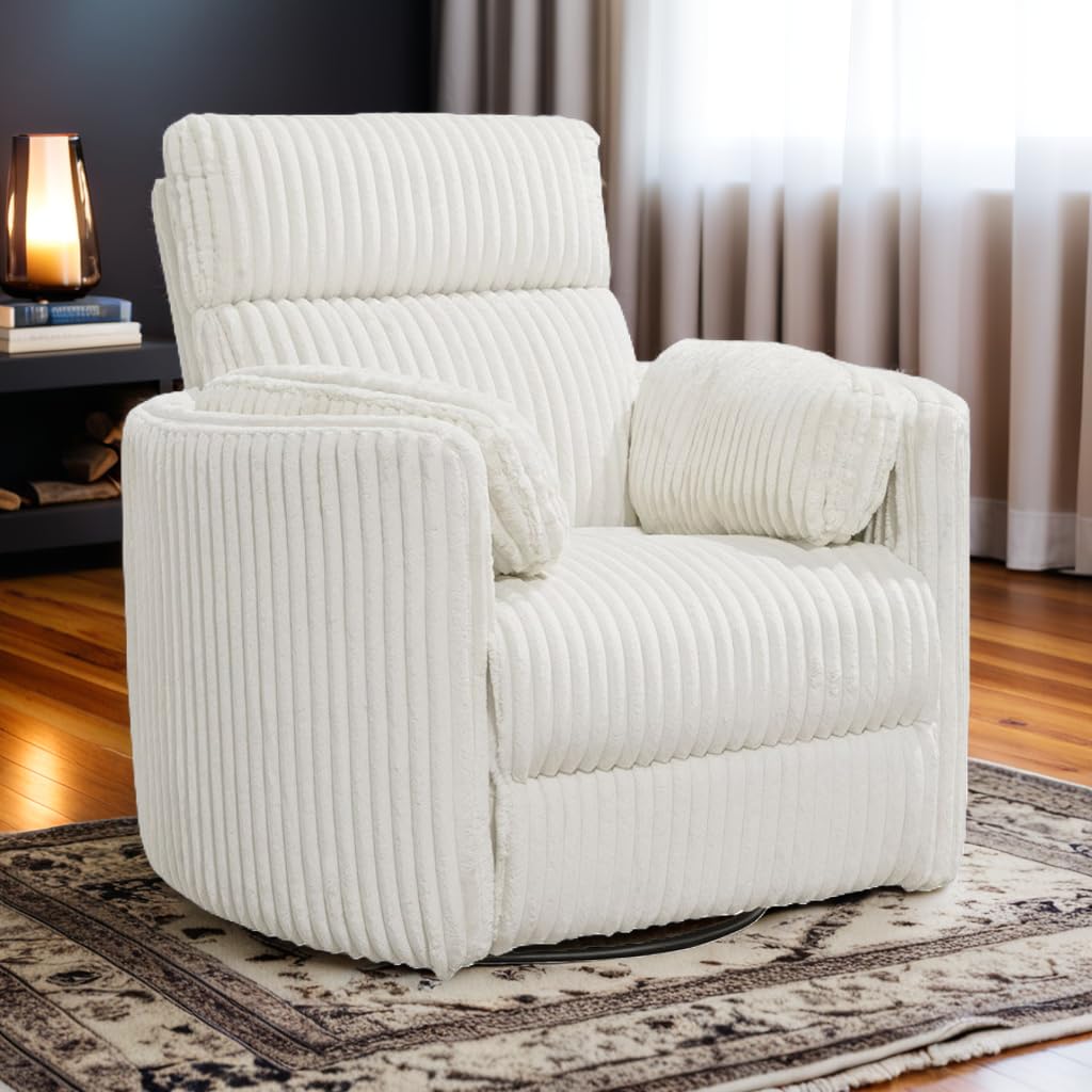 Pemberly Row Contemporary Fabric Swivel Glider Recliner in Ivory with USB Charging Ports and 2 Comfort Pillows for Living Room Pemberly Row