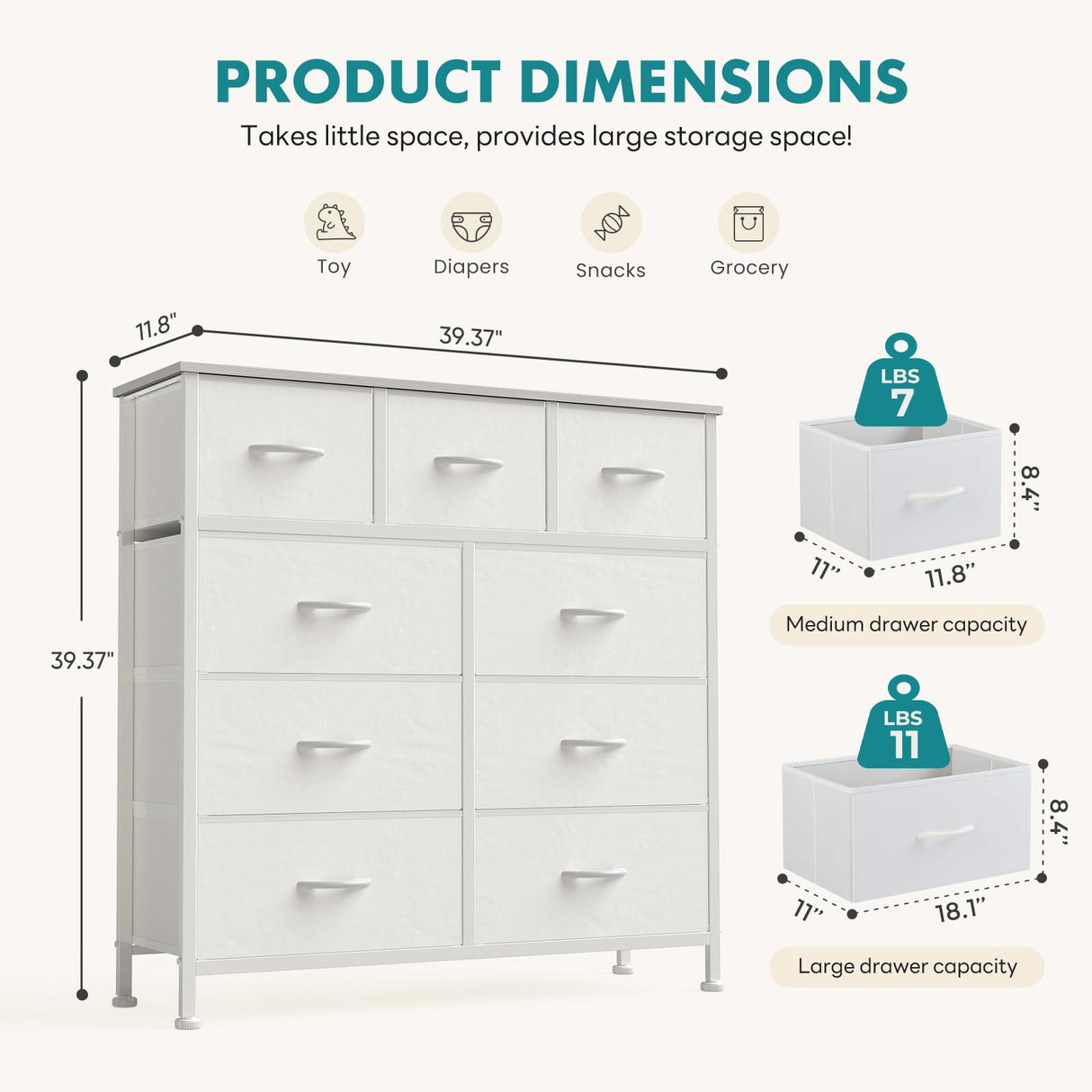 OLIXIS 9 Drawer Storage Dresser with Wood Top - Wide Fabric Chest Organizer for Bedroom, Closet, Living Room,Tower Cabinet, TV Stand, Hallway Entryway Furniture,Bright White OLIXIS