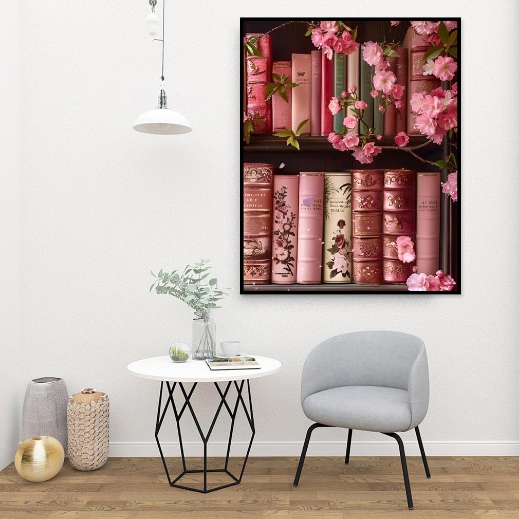 Books Paint by Numbers Kit for Adults,Bookshelf DIY Acrylic Painting Kit for Beginners Unframed,Flowers Easy Adult Paint by Number Kits on Canvas for Decor 16x20inch Canrichshop