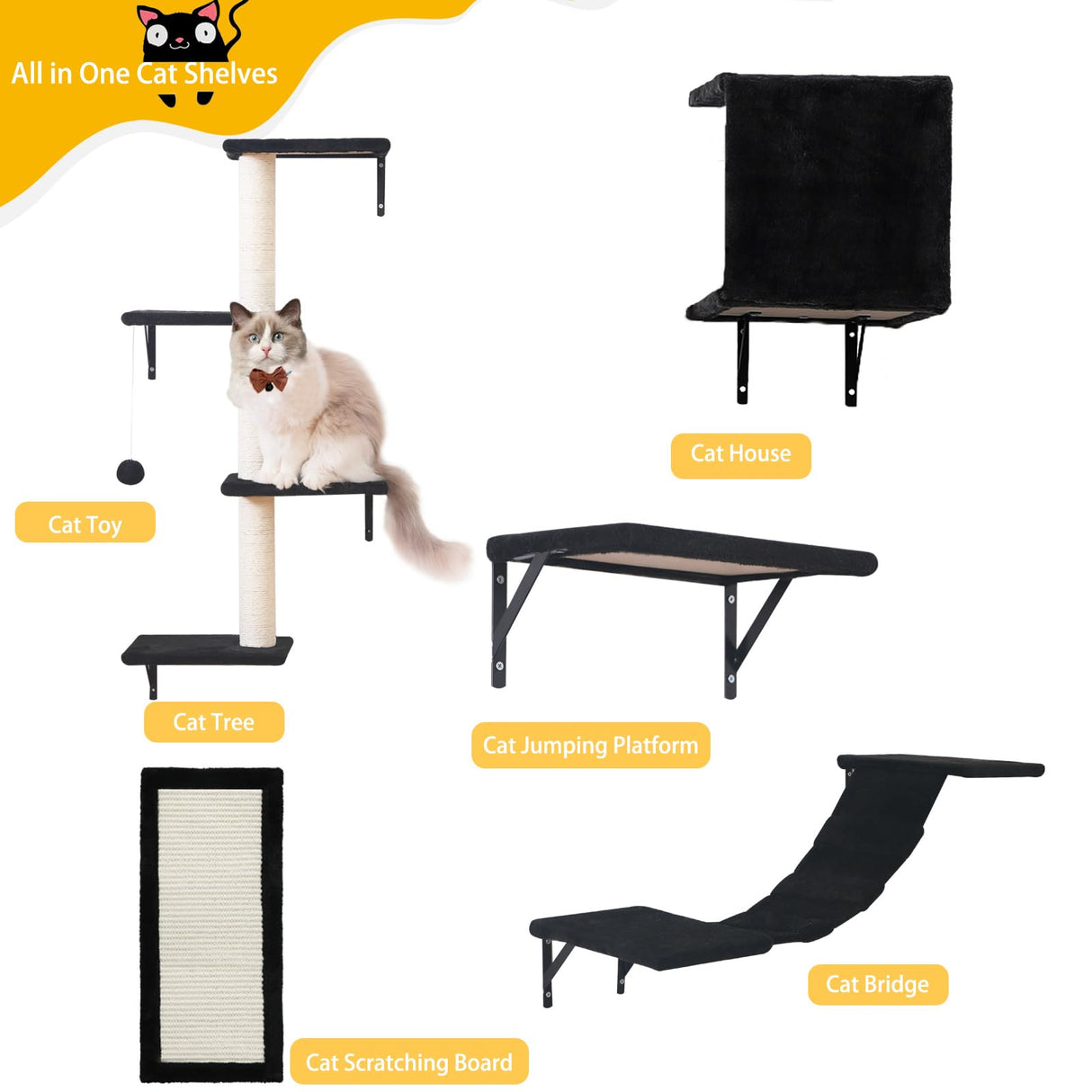 Modern Wall-Mounted Cat Furniture - 5pcs Cat Wall Shelves, Stable Wooden Cat Climber with Cat House, Bridge, Tree, Steps, and Scratcher - Black ESOTTE