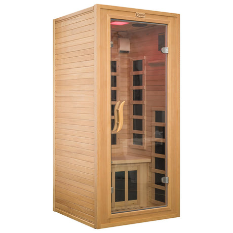 Exquimac Infrared Sauna Indoor, 1 Person Hemlock Wooden Home Sauna, Dry Sauna for Home Spa Room 1350W, Time Temp Pre-Set Sauna Room, w/7 Heating Panels Mini Personal Far Infrared Saunas for Home Exquimac