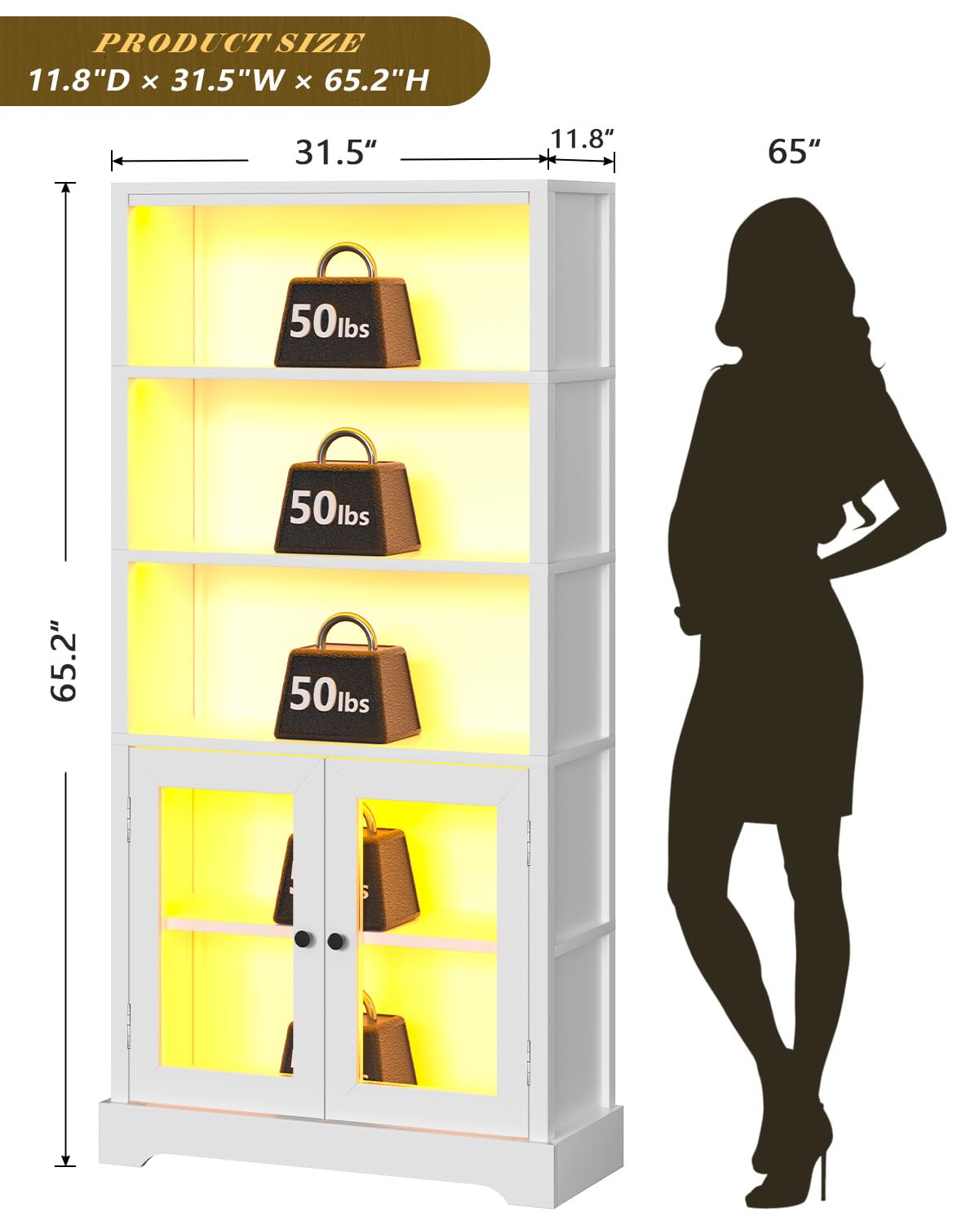 TVU 5-Tier Bookshelf, 65" Bookshelf with Multi-Color Ambient Lights (APP Remote Control), Tall Vertical Display Shelf with Cabinet Doors, Suitable for Living Room, Bedroom, Study, Office, White TVU